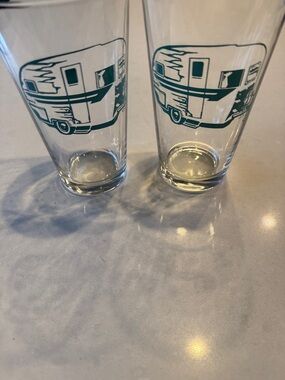 Set of 2 Clear Pint Glasses with Teal Camper Graphic